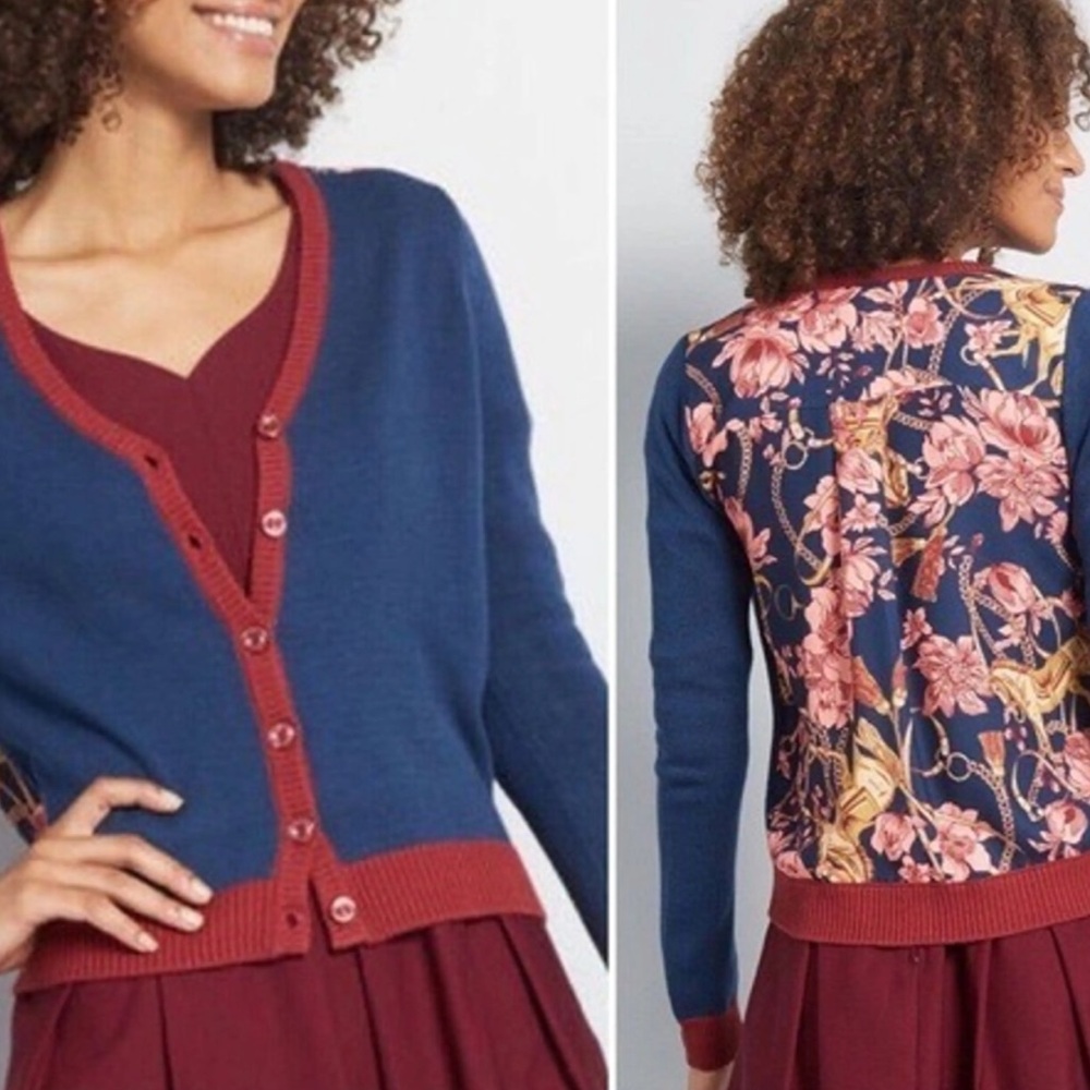 ModCloth Navy and Rust Floral-Back Cardigan